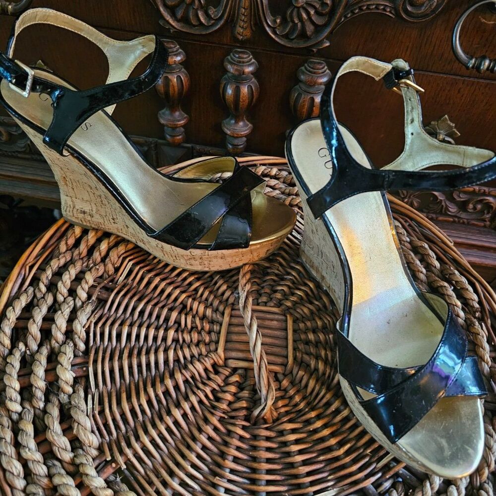 Guess Patent Leather Cork Wedge Sandals Black Platform Heels Size 10 Ankle Strap